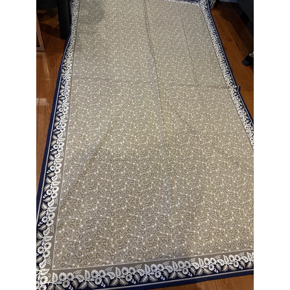 Williams-Sonoma Acorn Botanical Tablecloth‎ Navy Tan Floral Border 70x126 Cotton